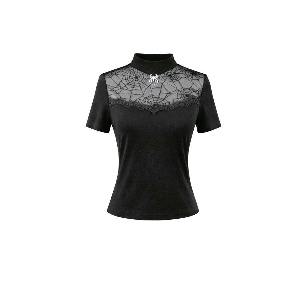 Dark in Love - Gothic Black Short Sleeve with Sheer Spiderweb Mesh and Silver Spider Ornament Top - Black